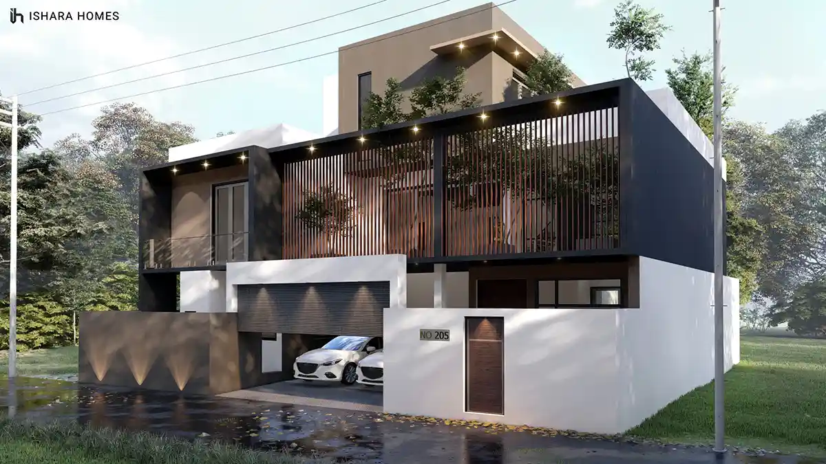 The D-Square House in Malabe shown at twilight, its dark box-type upper storey wrapped in slender wood-toned vertical louvres and lit from within.
