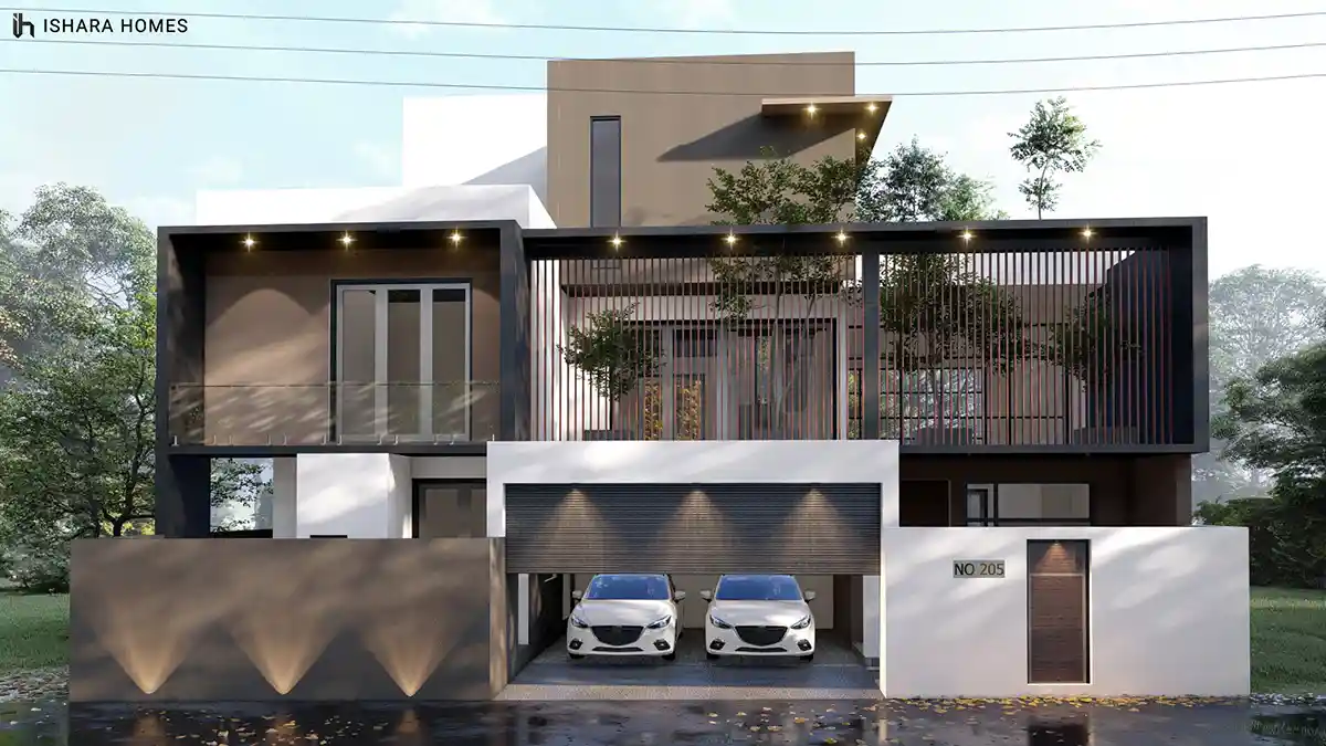 The symmetrical front façade in full daylight, two matching cars parked under the roller door while the timber-slat balcony above filters...