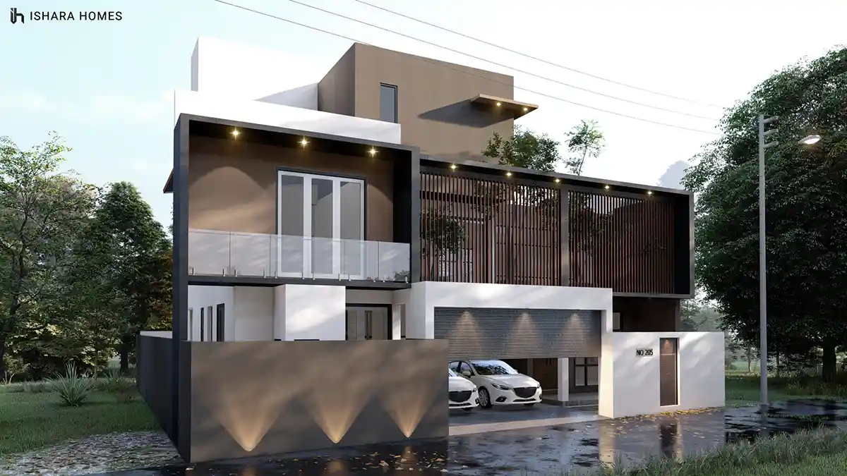 A three-quarter view highlighting the interplay of white render, warm timber cladding, and the charcoal box volume that gives this box-type home...
