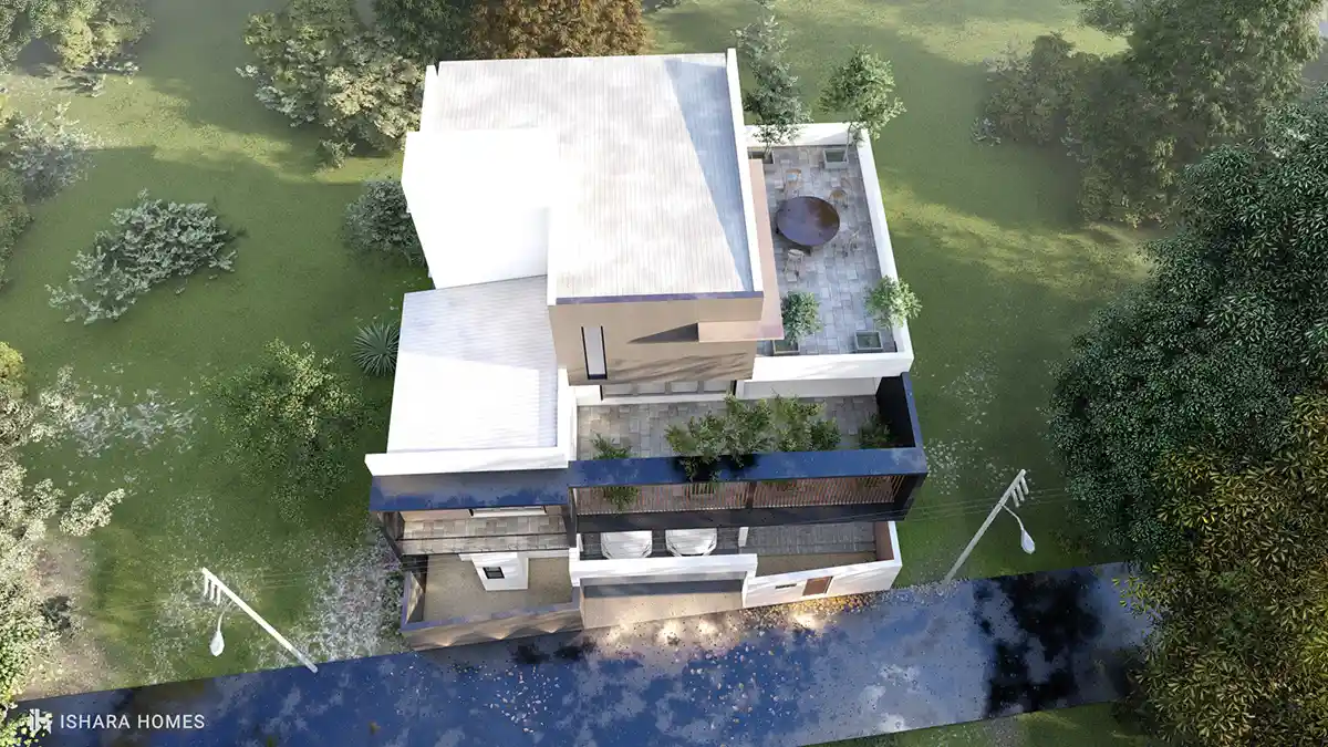 The rooftop terrace, paved in stone with built-in seating and potted greenery, set beside a private upper-level room with full-height glazing.