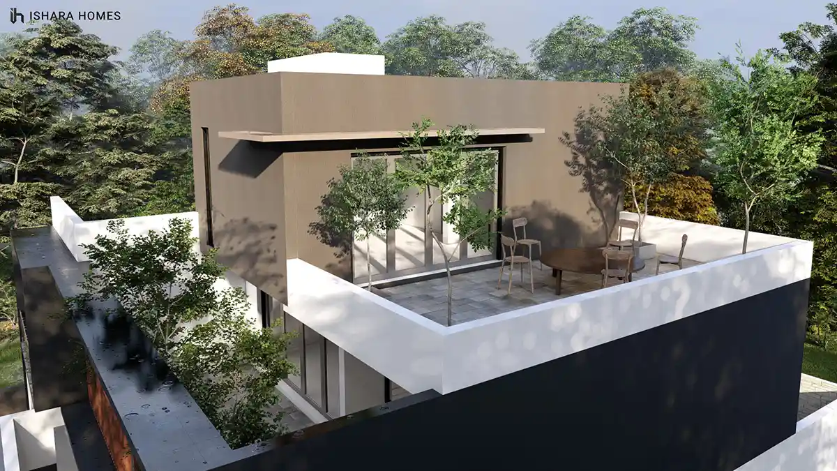 Looking across an open rooftop lounge area where a slatted timber canopy and tall glass doors create a shaded retreat above the city-view home.