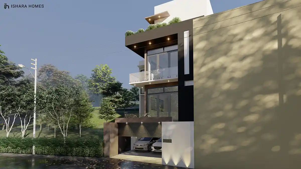 A close-up view shows the home's layered balconies stacked above a wood-panelled carport, where two cars shelter beneath integrated downlights as...