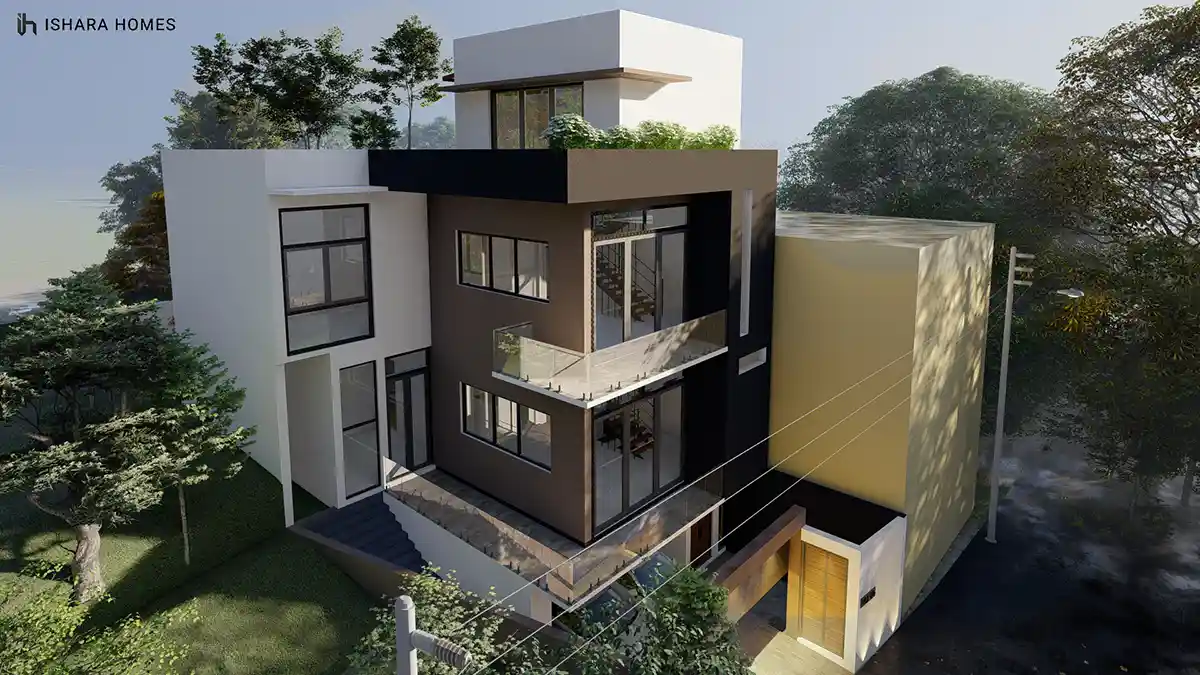 Perched on its sloping site, the house presents a striking mix of dark stone-textured panels and crisp white volumes, with full-height glazing...