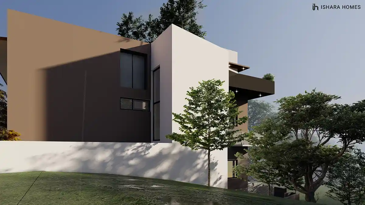 A closer study of the facade reveals warm sandstone tones meeting deep charcoal walls, framed by a slim overhanging canopy and a young tree...
