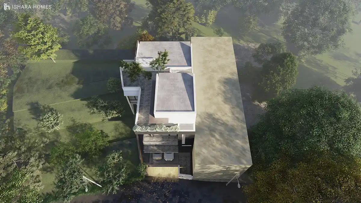 From directly overhead, the home's stepped rooflines and terraces are laid out among mature trees, with two cars parked in a sheltered bay beside...