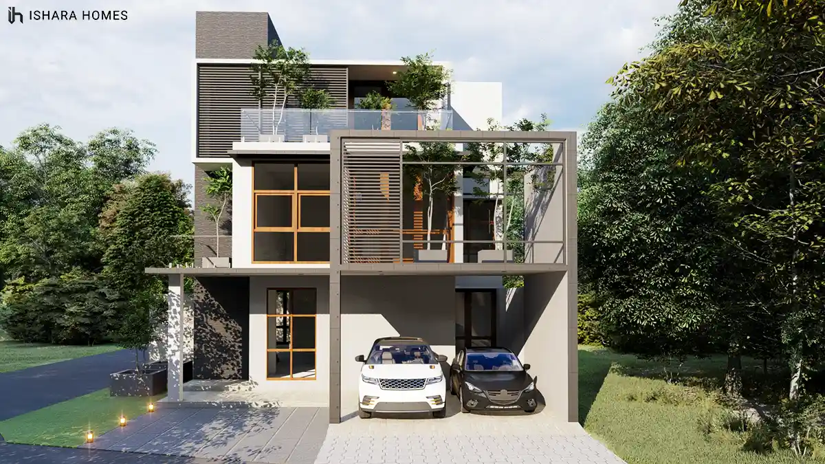 A straight-on evening view of the entrance shows warm-toned timber window frames against pale render, a glazed upper balcony, and twin SUVs parked...