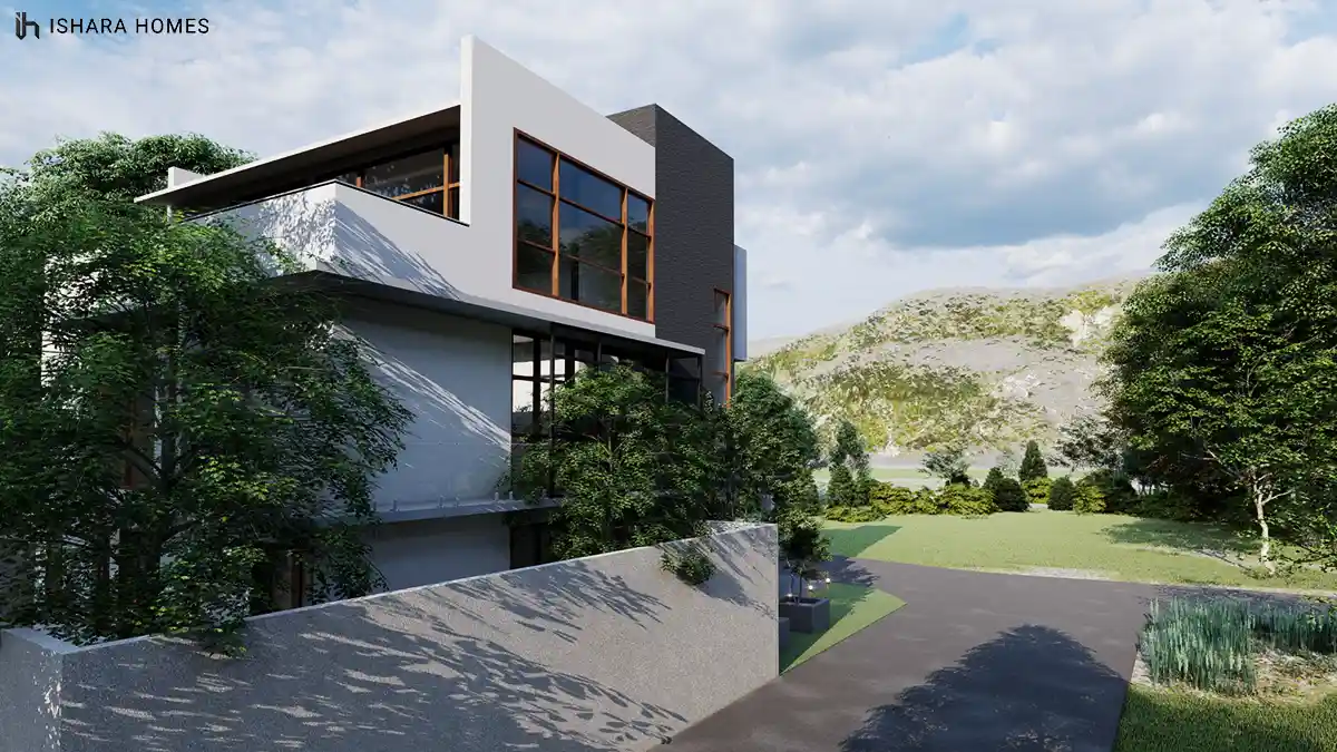 Seen from the driveway approach, the house steps back into the hillside with full-height glass, a projecting white roof plane, and layered...