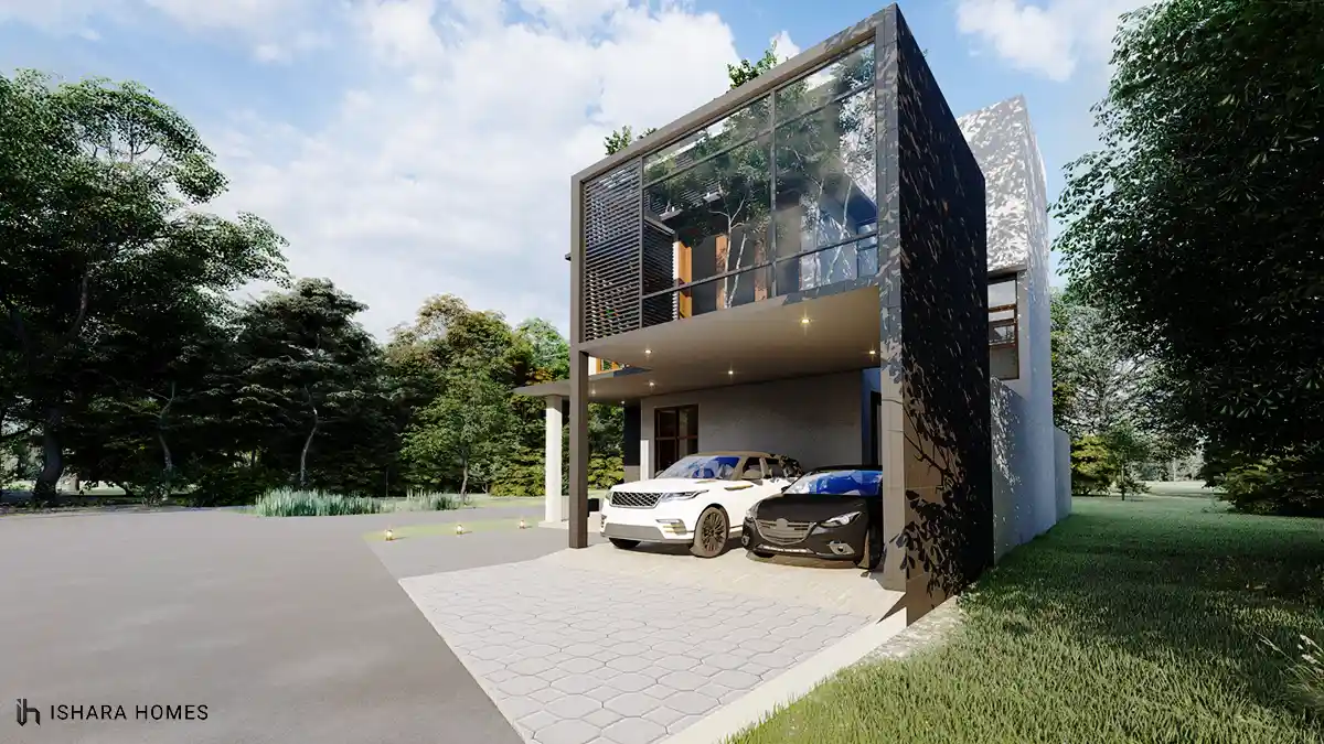 The covered car porch glows at dusk, its slatted timber ceiling and downlights framing a white convertible parked beside the home's dark, textured...