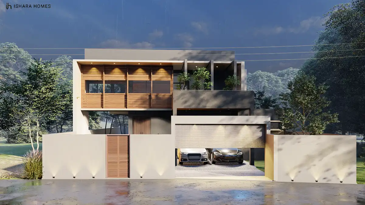 The Acorn House's front elevation shows a full-width timber-slat balcony shading the upper floor, while two vehicles wait beneath a roller-door...