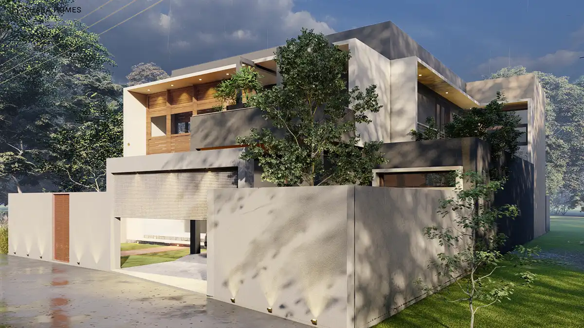 A closer perspective highlights the home's layered massing, where a mature tree rises through an open courtyard between the timber-clad balcony...