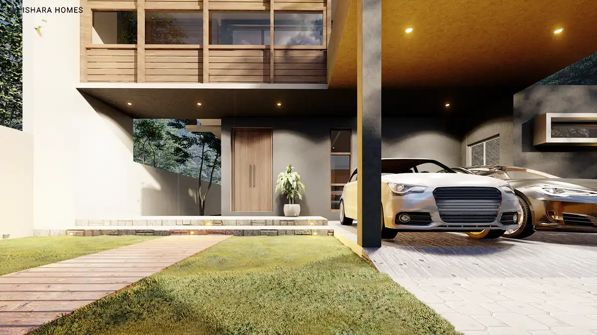 At the covered porch, a pair of cars sit parked in shadow beneath an angled timber-lined canopy, warm downlights picking out the dark wood door...
