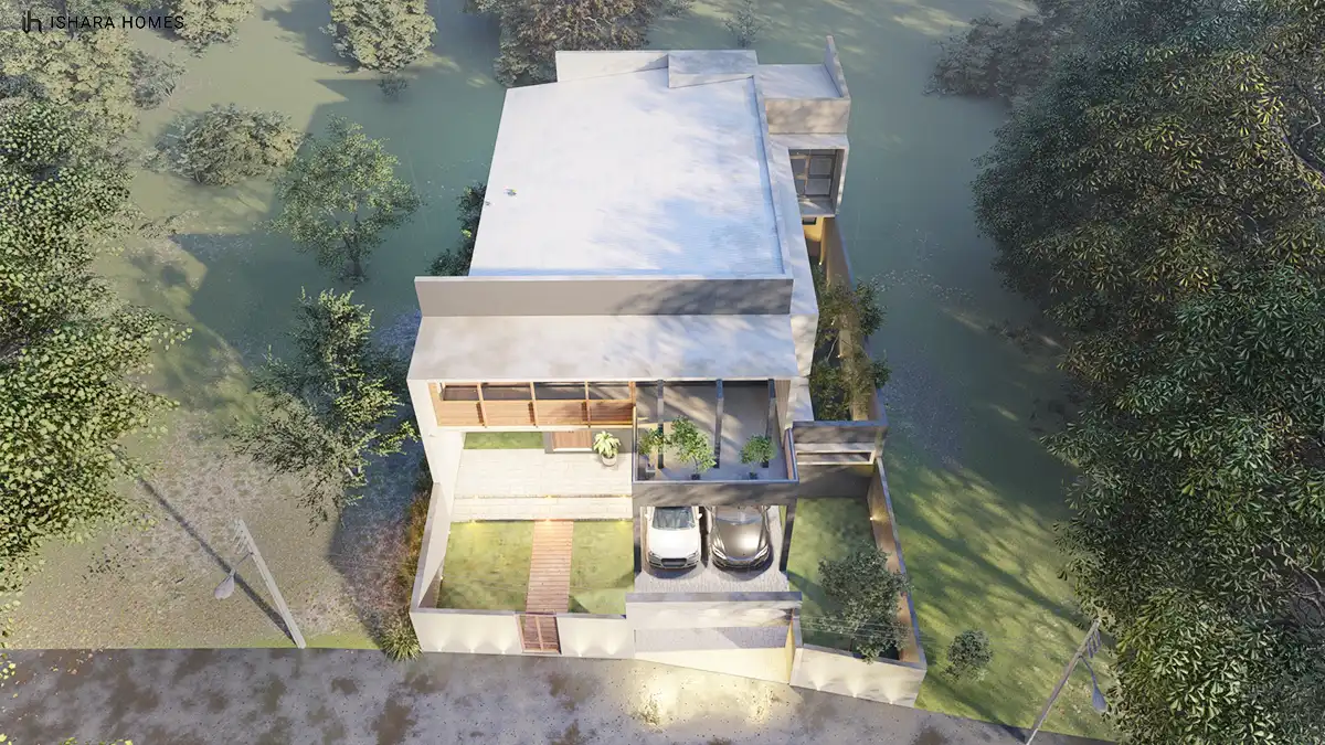An aerial view lays out the whole plot: the flat white roof, a shaded upper balcony with timber louvres, and a two-car parking court reached by a...