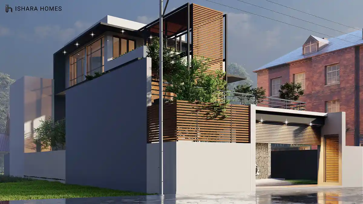 The side elevation shows a dark rendered volume balanced against timber screening and greenery, with an illuminated roller-shutter garage opening...