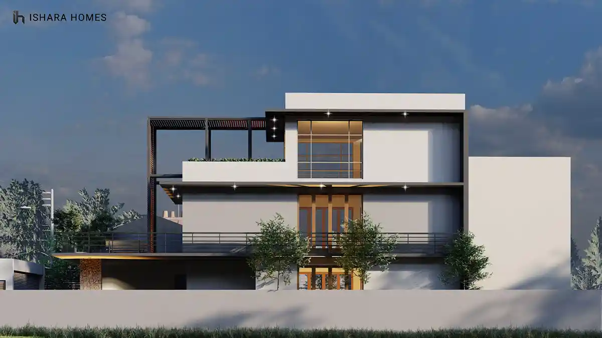 A daytime frontal view shows the composed geometry of white rendered blocks, dark accent panels, and timber-framed glazing, with mature trees...