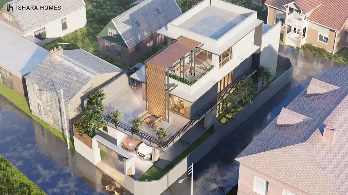 From above, the layered rooftop terraces reveal a plunge pool on the top level, a shaded timber-clad lounge deck below, and a private car court...