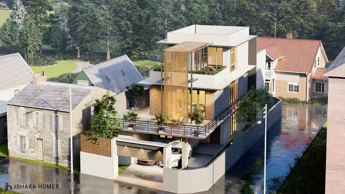 Another aerial view highlights the rooftop swimming pool and adjoining open-air lounge with timber decking, set against a backdrop of mature trees...