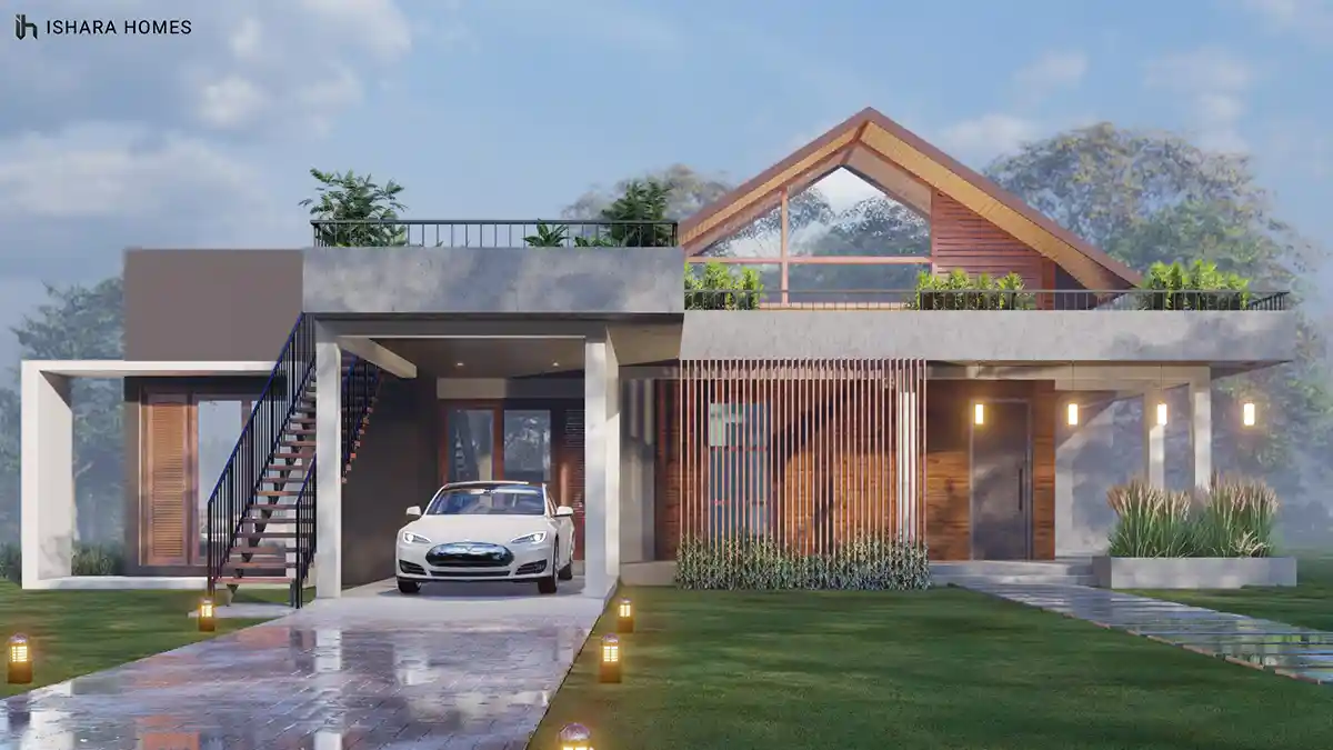 The Barn House's signature gable end rises in warm timber and glass above a raised concrete base, with an open staircase, planted roof terrace and...