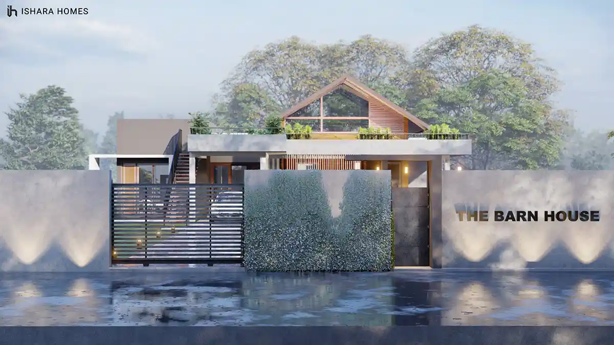 At the entrance gate, the property's name is set into a stone wall beside a living green hedge and slatted timber gate, with the barn-style...