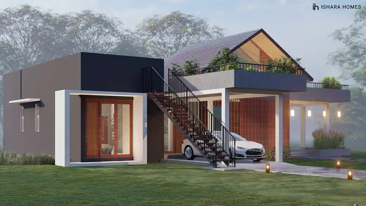 An angled view from the driveway shows the home's dark box-form ground floor beneath a soaring timber gable, an open steel staircase leading up to...