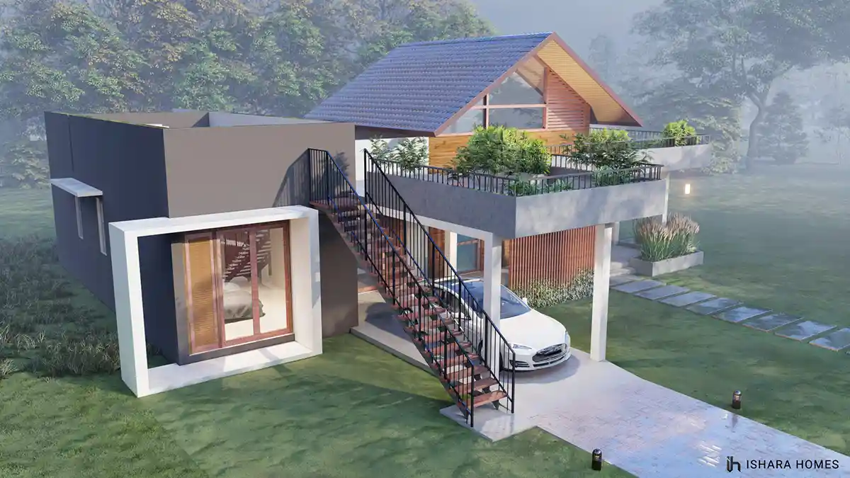 From an elevated angle, the full roof geometry comes into view: a steep patterned tile gable meeting a flat planted terrace, with the staircase,...