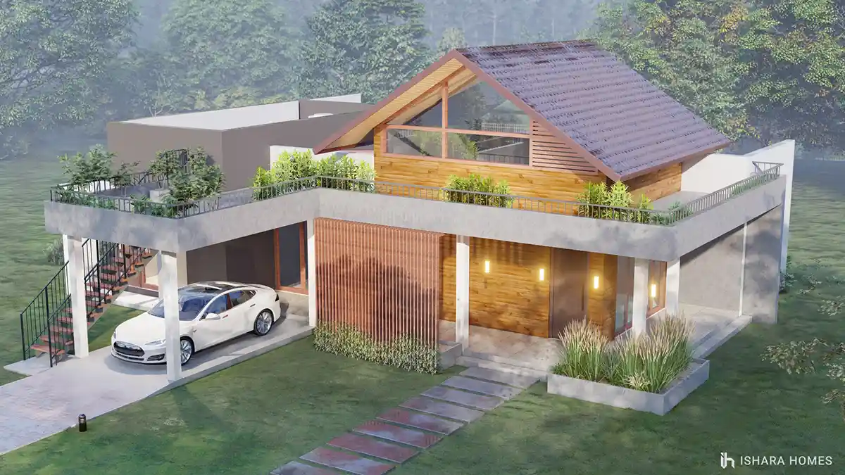 A bird's-eye view captures the home's textured slate gable roof and rooftop garden in full, with the timber-clad upper wall and covered lower...