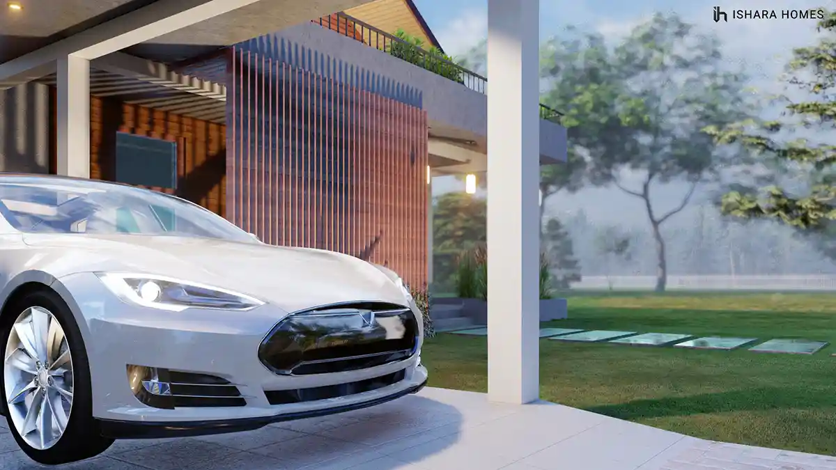 A close-up from the veranda frames the front of a parked car beside sunset-lit timber screens, with the rooftop garden and gable roof visible...