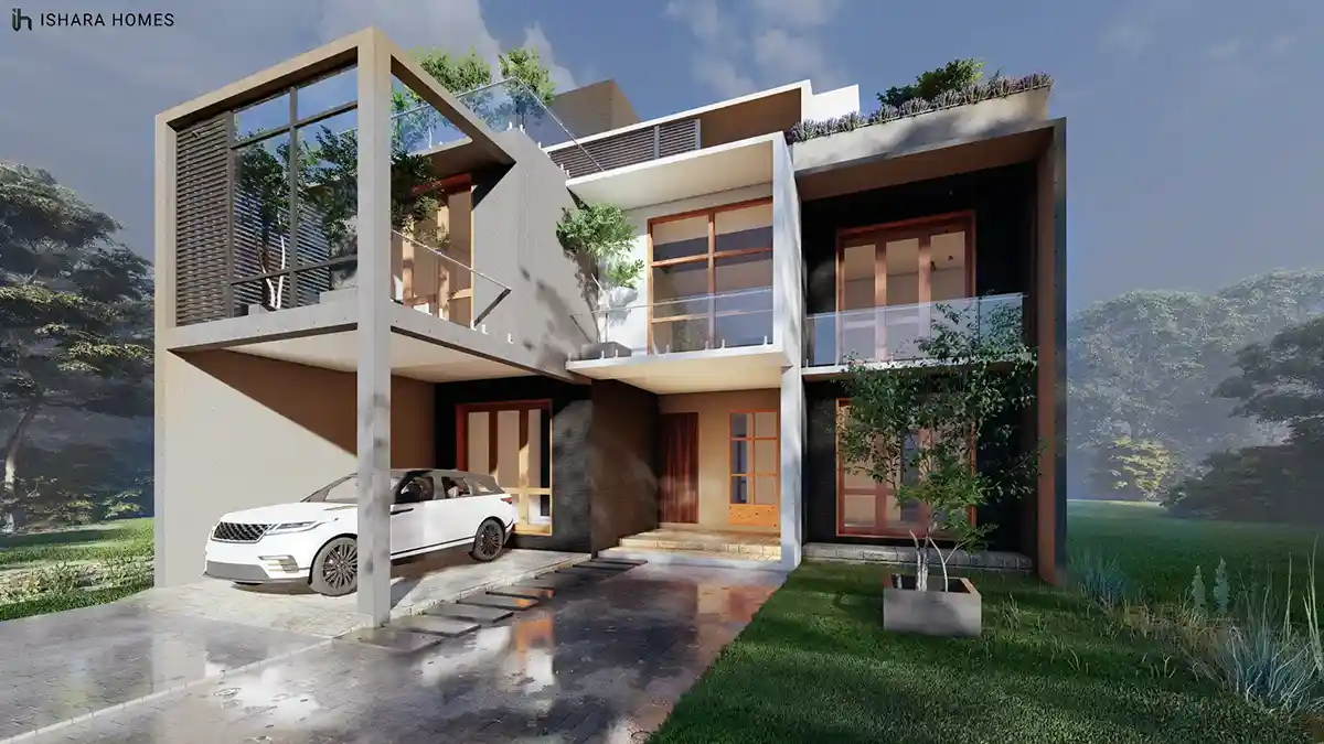 The Box-Frame House in Kurunegala, its cantilevered upper box framed in concrete and glass, with a white SUV parked beneath the covered carport.