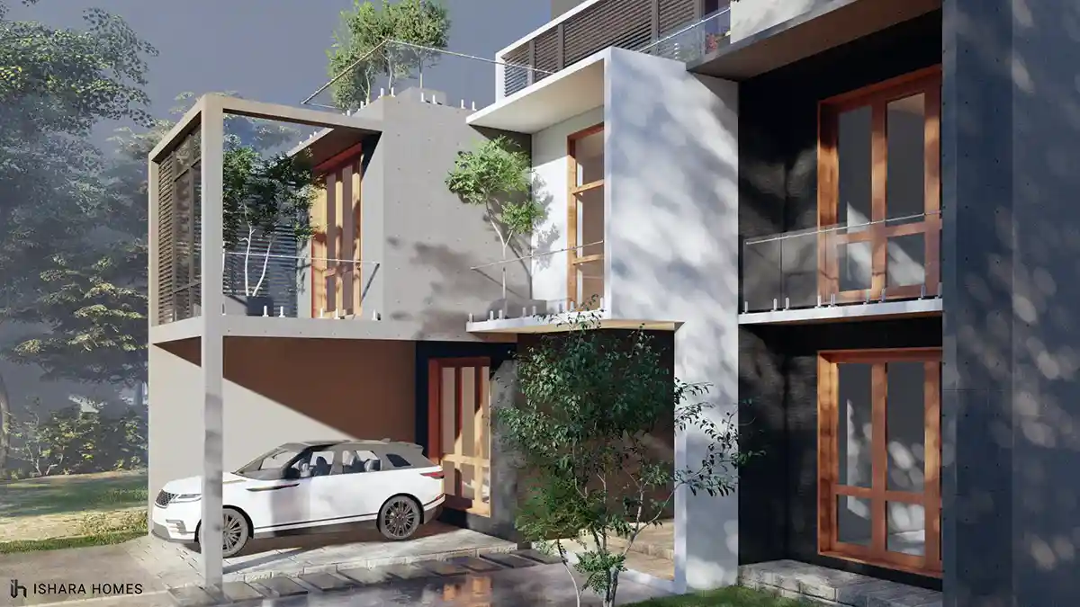 A closer view of the entrance, where warm timber-framed doors and a textured stone accent wall sit beneath the projecting upper-floor frame.