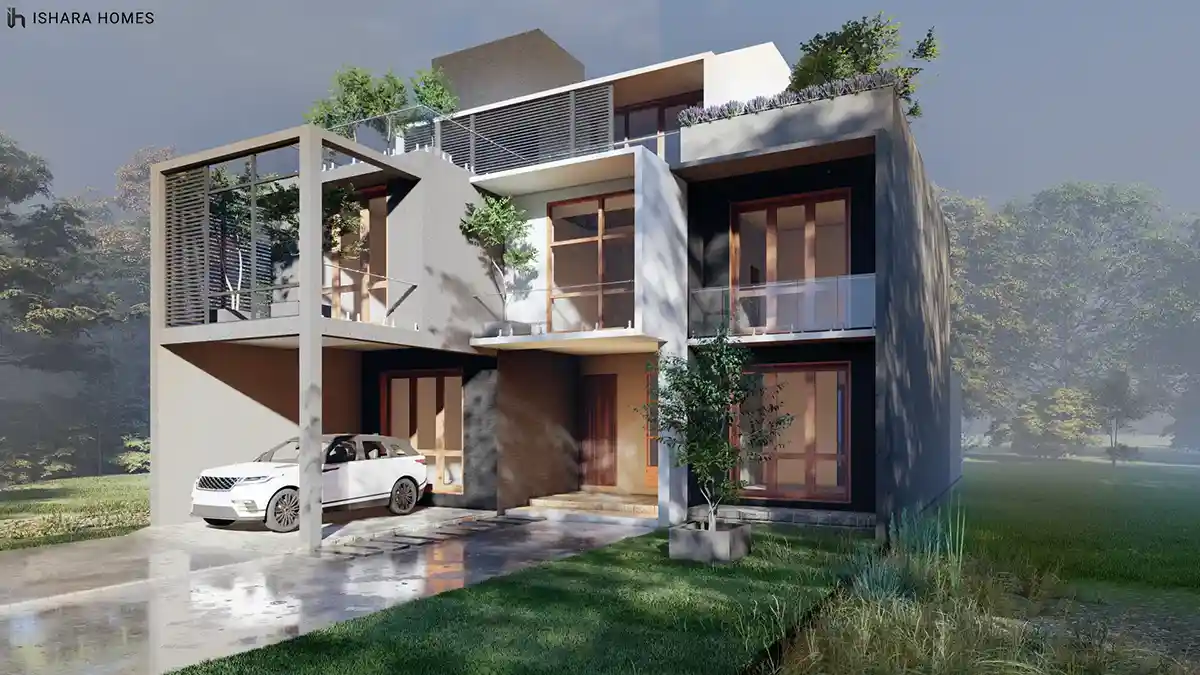 A wider angle capturing the full stacked composition of concrete boxes and timber-framed openings that gives this Kurunegala home its name.