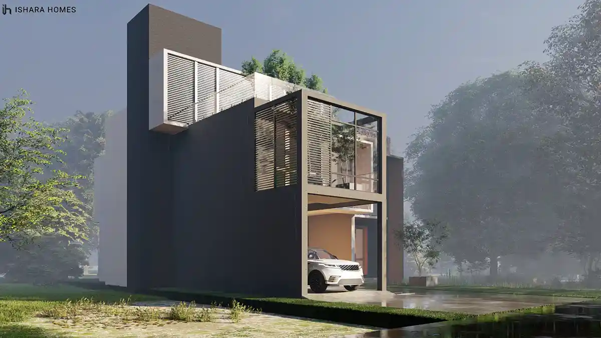 The rear elevation in early morning light, its charcoal box volume and glazed corner balcony contrasting against the pale concrete frame beside it.