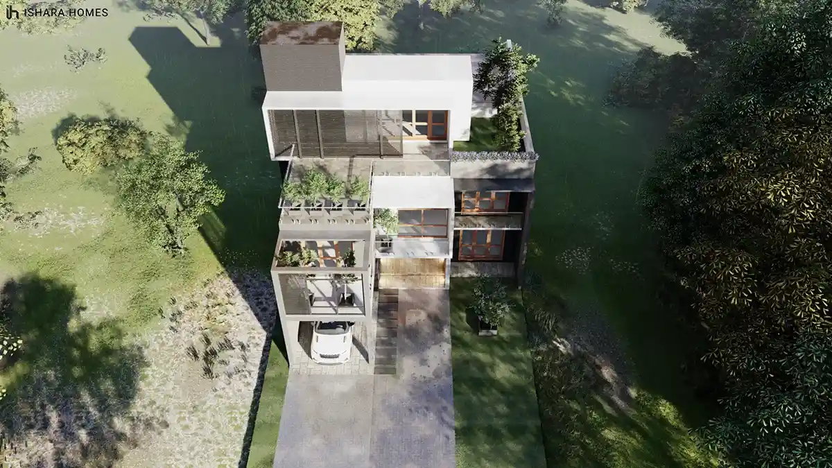 An aerial view over the property showing the layered rooftop terraces, timber louvre screens, and the car parked in the driveway below.