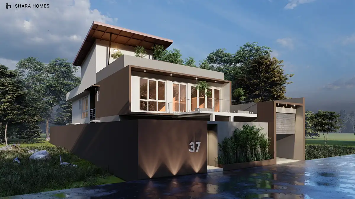 Seen from an angled approach, the house reveals its multi-level massing, with a glazed upper lounge, wraparound balcony, and warm timber roof...