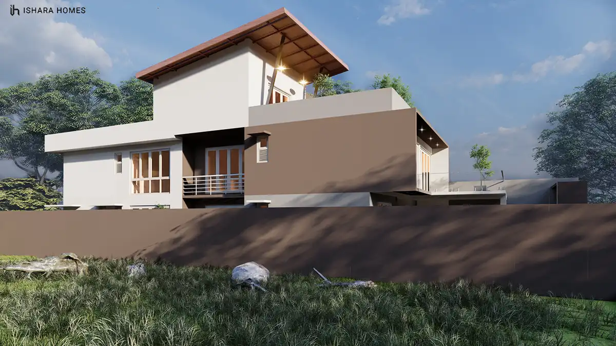 A side view in daylight shows the interplay of cream render, terracotta-toned roof tiles, and a slanted overhang shading the upper windows of this...