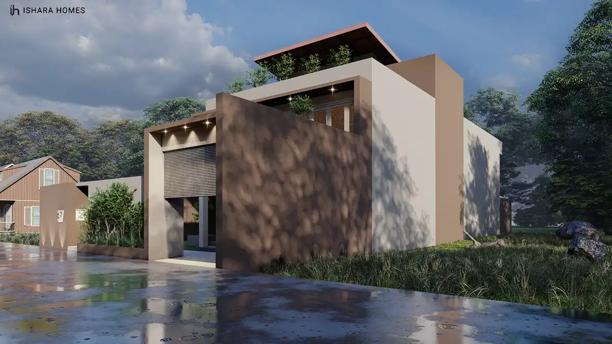 The entrance sequence combines a mottled bronze feature wall with a roller-shutter garage and slatted timber screening, softened by ornamental...