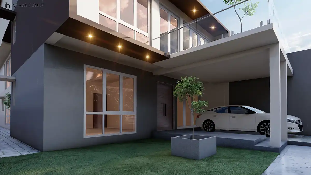 At the covered carport, a white sedan sits beneath a glass-balustraded balcony, with warm strip lighting and a young potted tree marking the...