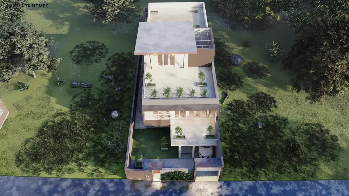 An aerial view lays out the full plan of the house, from its rooftop planter boxes and sun terrace down to the private rear garden and covered...