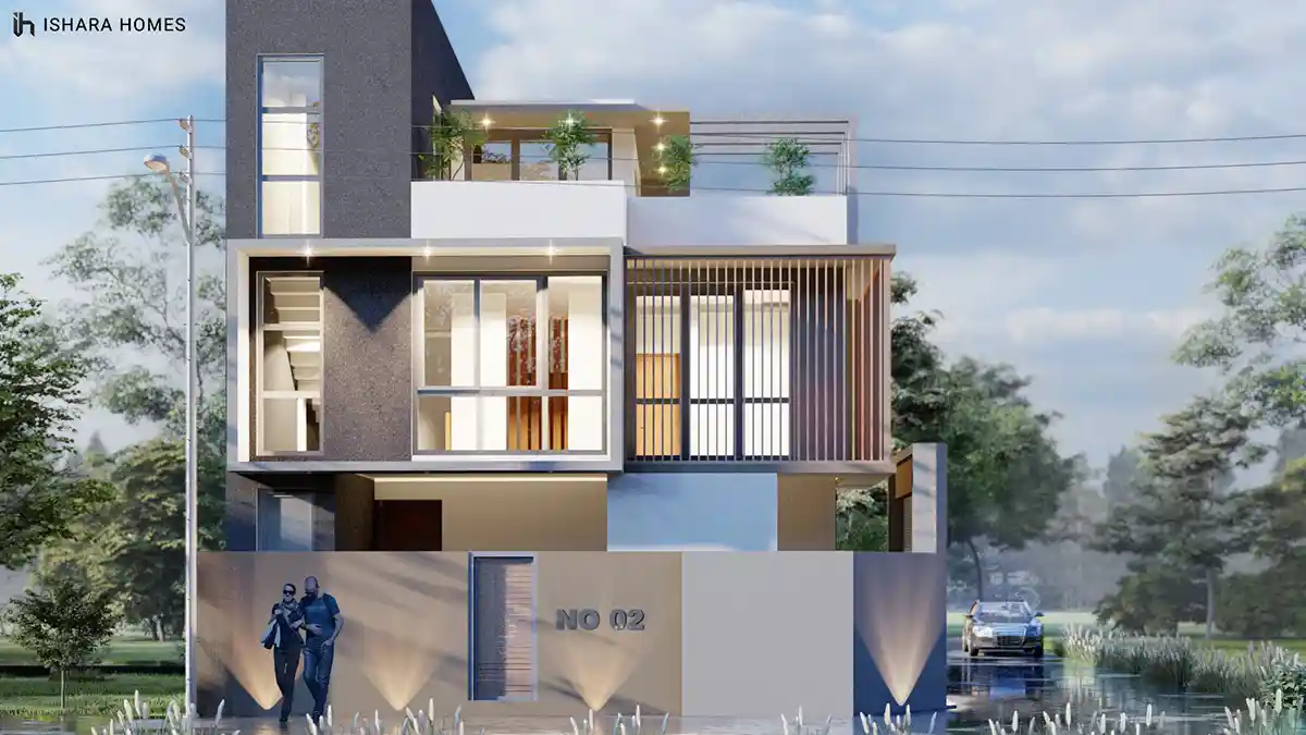 A closer view of the entrance shows the glazed stairwell and living space glowing warmly behind a dark stone facade, with vertical timber louvres...
