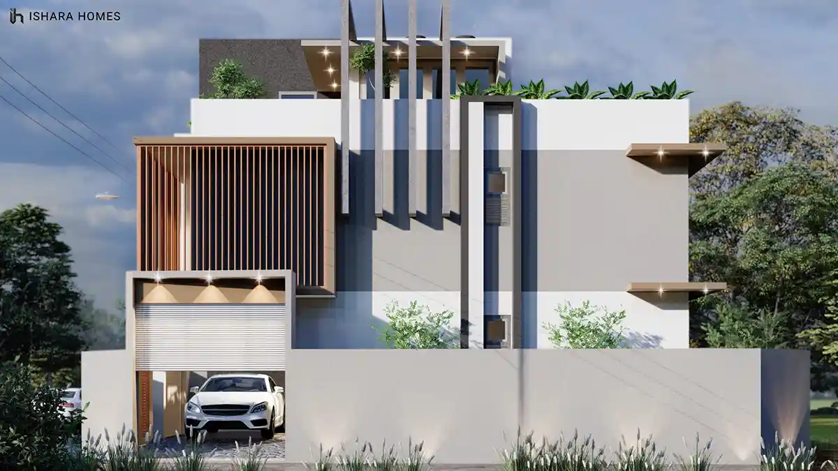 Seen square-on in daylight, the home's white and taupe rendered surfaces contrast with a warm timber slatted panel, while the rooftop pergola and...