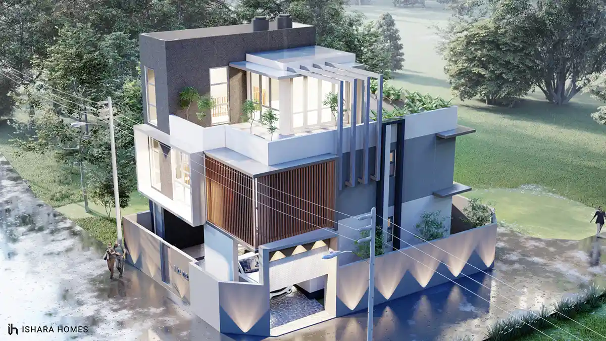 An aerial view over the property shows the full massing of the home, from its dark upper-storey render to the ground-floor timber screen and...