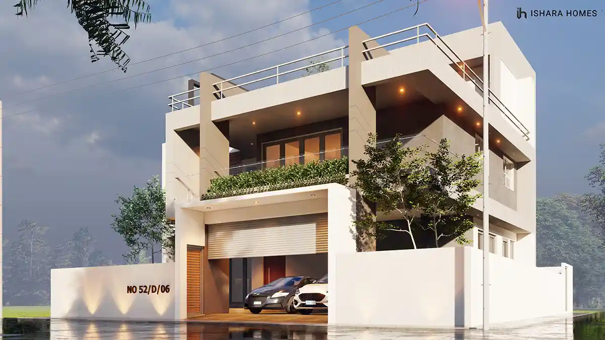 A side-angle view of the contemporary façade, where timber battens, a glass-railed balcony, and layered white volumes step back toward the roof...