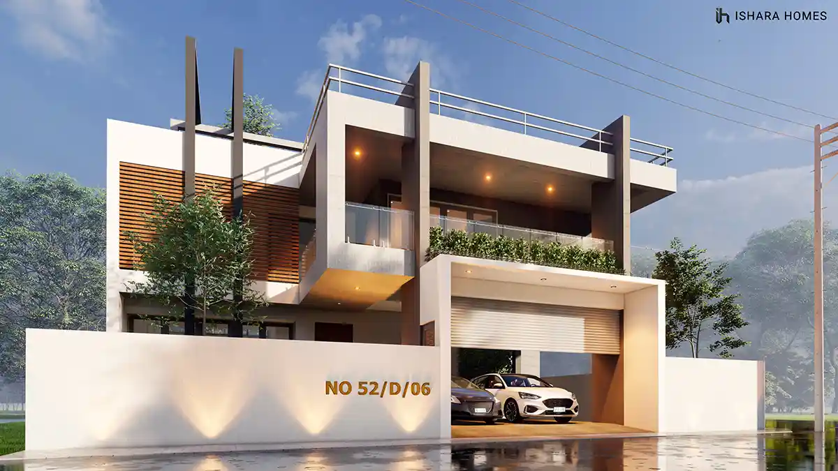 The daytime street view of this Kadawatha home, its timber-slat balcony screen and dark box-type upper floor set above a bright double carport.