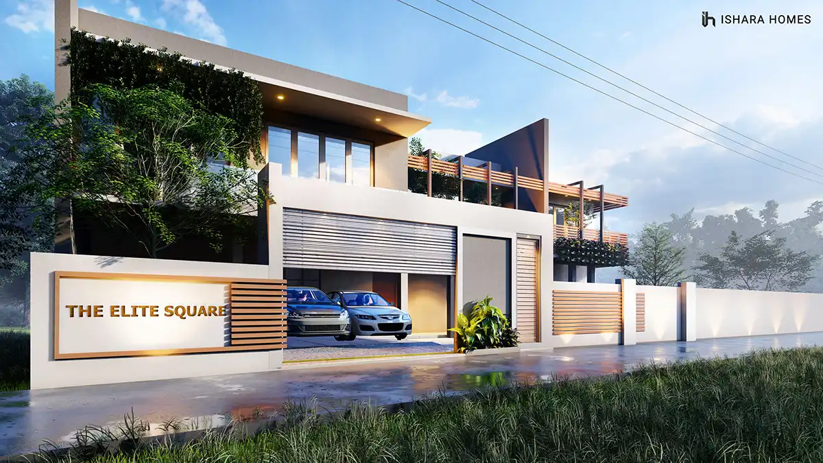 The Elite Square's signage stands beside a green living wall and warm timber slatting, with the illuminated garage and layered pergola-topped...