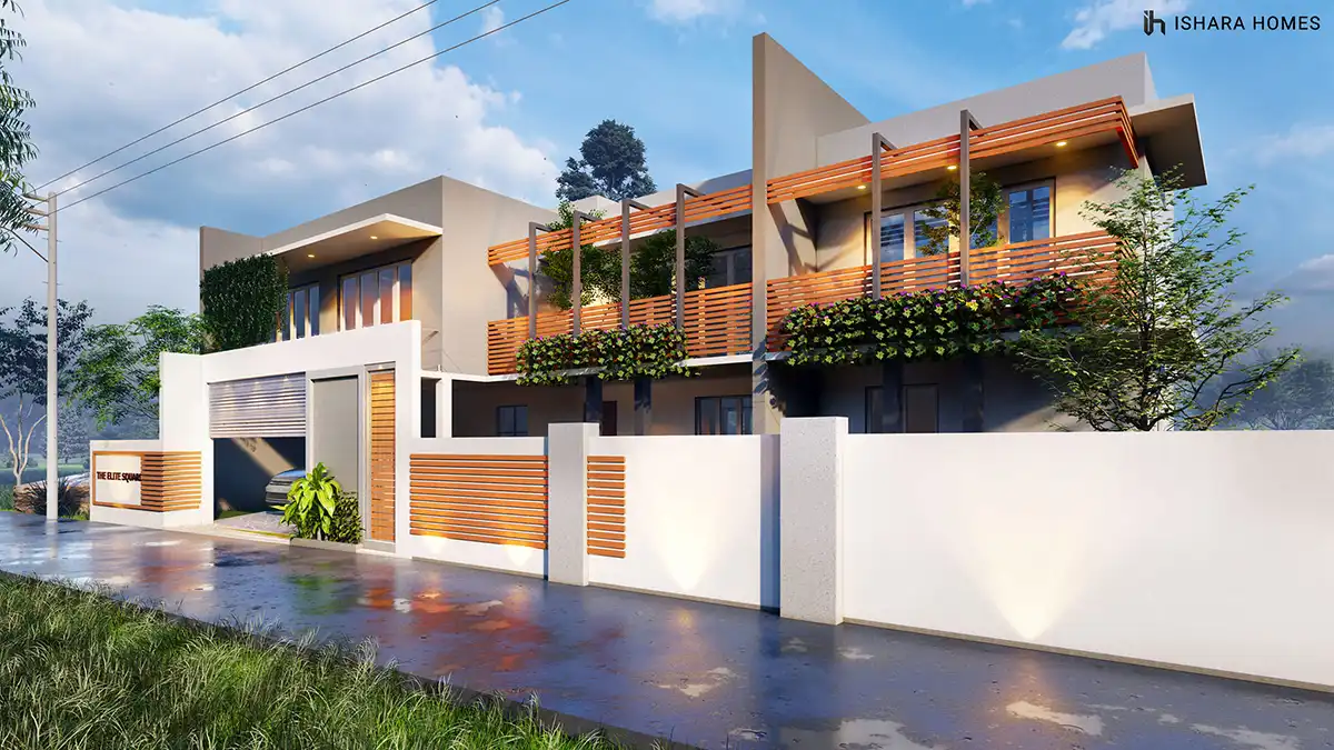 A daylight elevation shows the full two-storey form, with a green vertical garden, timber-slatted balconies trailing flowering vines, and a...