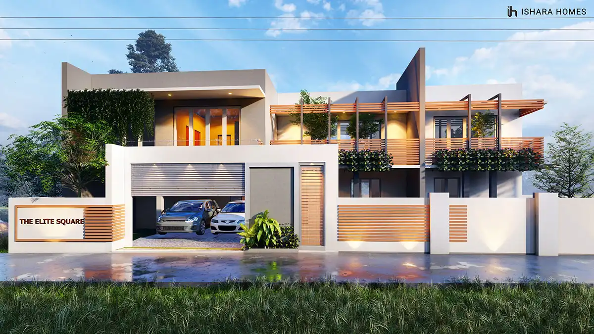 The main facade combines pale render with warm timber pergola beams and cascading flowering plants along the balcony edge, anchored by the...