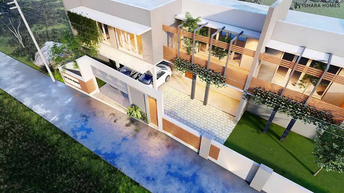 From above, the layered pergola structure and flowering balcony planters are fully visible, alongside the paved entrance court and a car tucked...