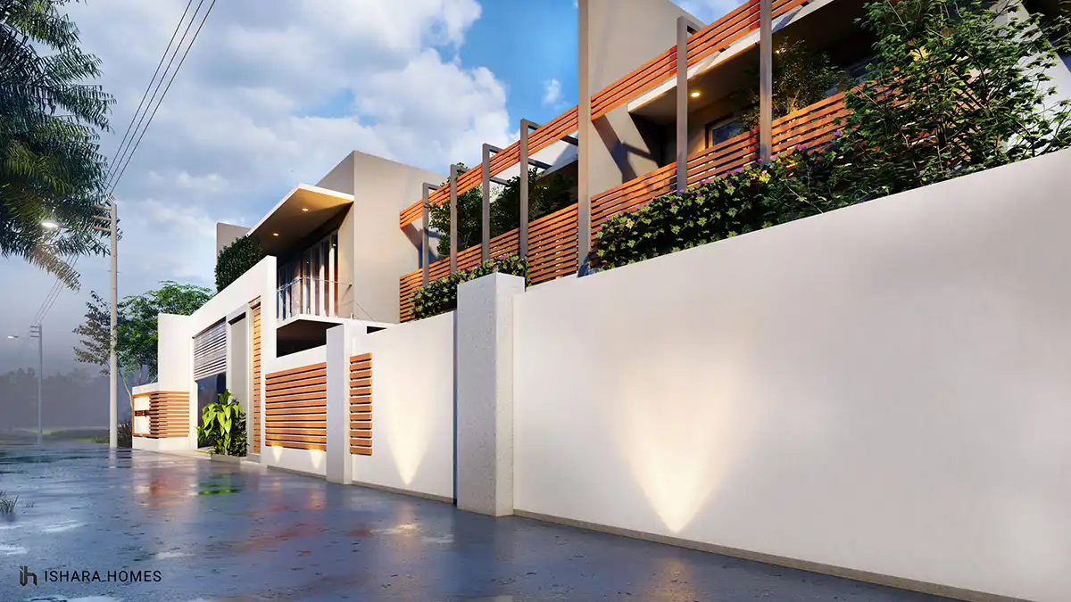 A street-level view along the boundary wall shows the timber-clad garage doors and slatted gate details, with the flower-draped upper balcony...