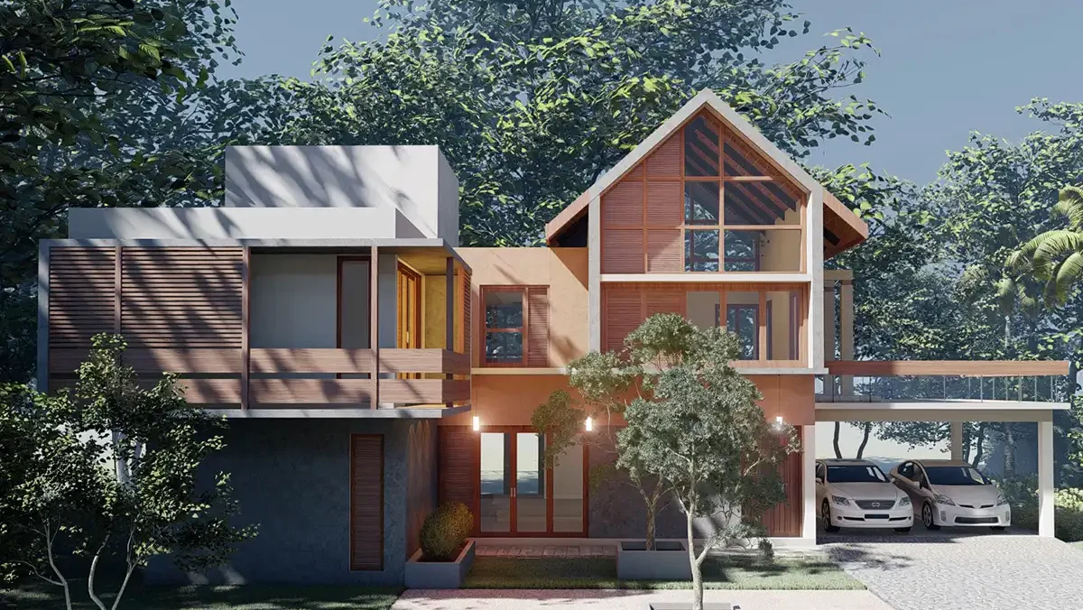 The Gablewoods House shows its full timber-and-render facade in dappled afternoon shade, a steep glazed gable rising beside a cantilevered wooden...