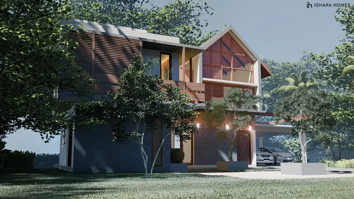 Seen from an angle, the home's dark stone-clad base contrasts with sun-washed timber battens and a projecting balcony, its carport sheltering a...
