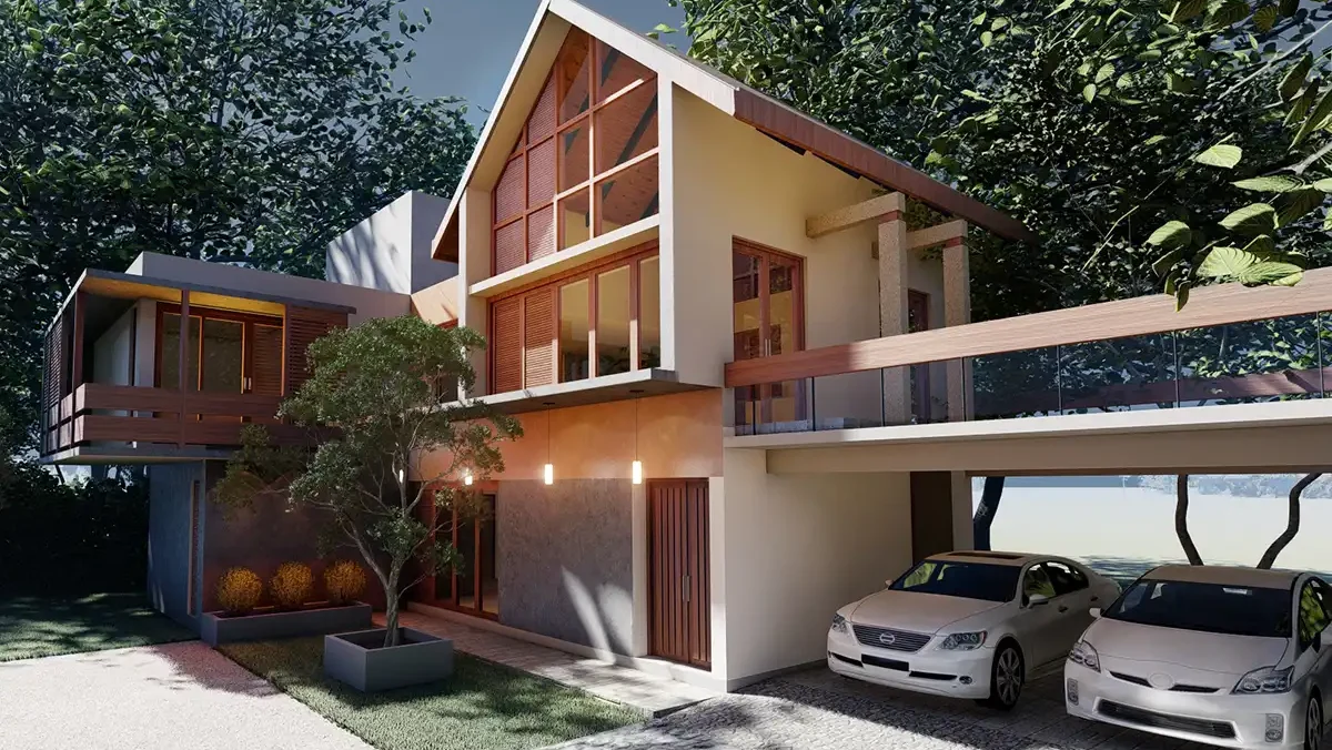 A closer view of the entrance captures warm pendant lights glowing along the ground floor, with terracotta-toned render and vertical timber...