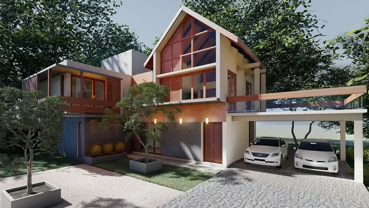 This angle highlights the soaring glazed gable end, its exposed timber rafters catching sunlight above a wraparound balcony, while two cars rest...